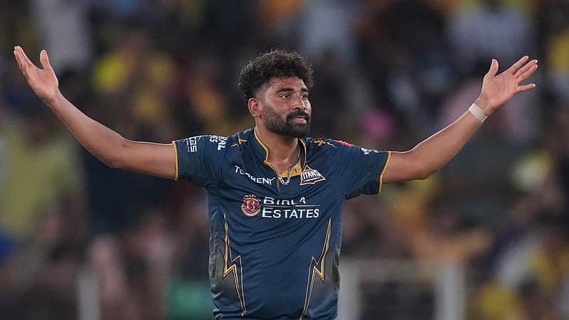 Gujarat Titans' Mohammed Siraj celebrates the wicket of Chennai Super Kings' Urvil Patel during the Indian Premier League cricket match between Gujarat Titans and Chennai Super Kings in Ahmedabad, India, Thursday, May 21, 2026.(AP Photo/Ajit Solanki)