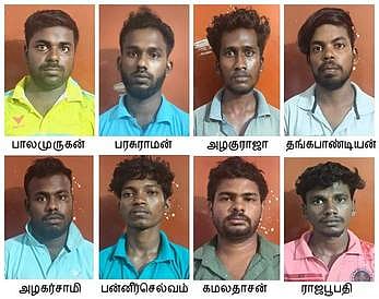 கைது செய்யப்பட்ட பாலமுருகன், பரசுராமன், அழகுராஜா, தங்கபாண்டியன், அழகா்சாமி, பன்னீா்செல்வம், கமலதாசன், ராஜபூபதி.