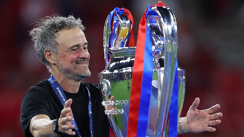 PSG's head coach Luis Enrique celebrates after the Champions League final soccer match between Paris Saint-Germain and Arsenal in Budapest, Hungary, Saturday, May 30, 2026. AP Photo/Armin Durgut)