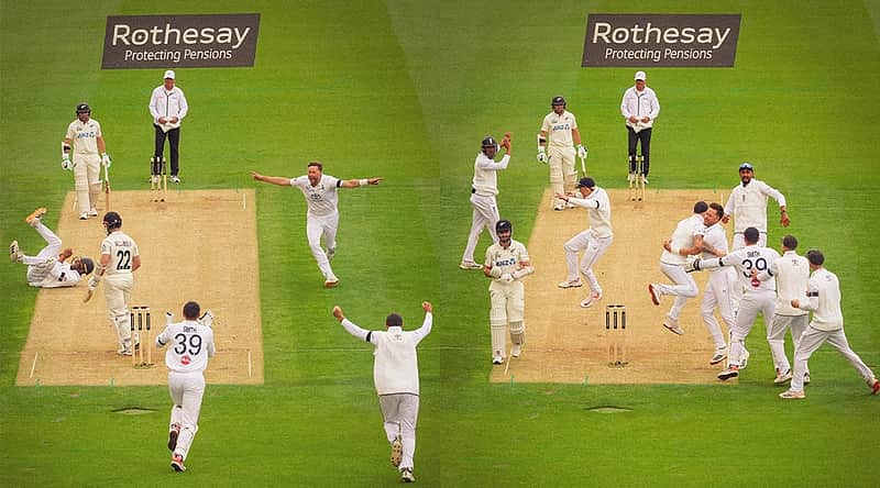 England players rejoicing after taking a wicket.