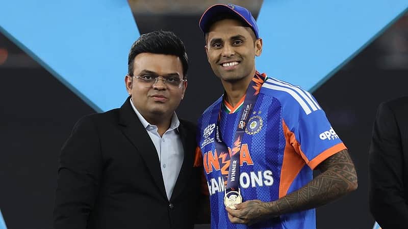 Former T20 captain Suryakumar Yadav with ICC Chairman Jay Shah.
