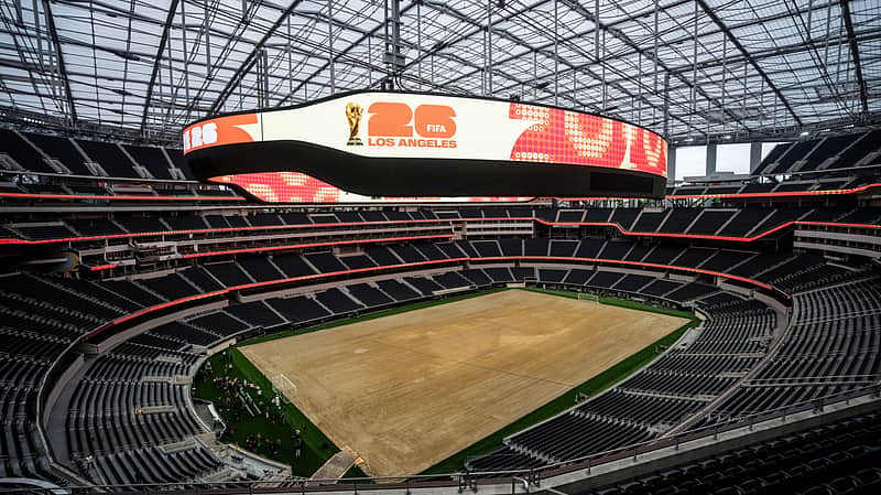FILE - A general view shows SoFi Stadium in Inglewood, Calif., Tuesday, May 12, 2026, during a media event for the upcoming FIFA World Cup soccer tournament.. (AP Photo/Jae C. Hong,File)