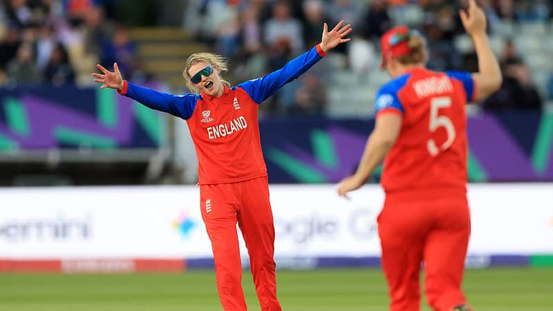 England's Charlie Dean celebrates taking the wicket of Sri Lanka's Hansima Karunaratne during the ICC Women's T20 World Cup, Group 2 match at between England and Sri Lanka at Edgbaston, Birmingham, England, Friday, June 12, 2026. (Nigel French/PA via AP)