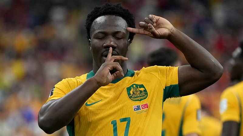 Australia's Nestory Irankunda (17) celebrates his goal during a World Cup Group D soccer match, in Vancouver, Canada, Saturday, June 13, 2026. (Darryl Dyck/The Canadian Press via AP)