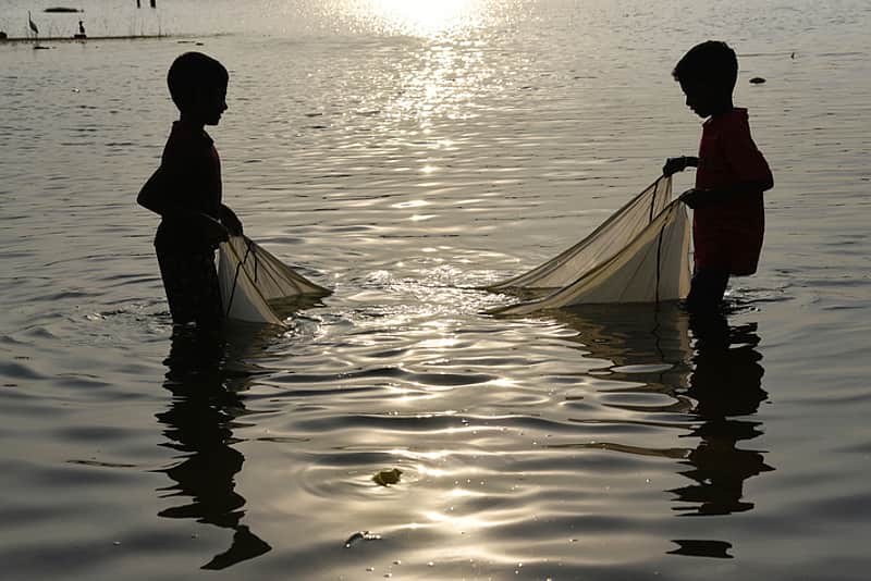 15/06/2026, Tiruchy, Tamil Nadu: STANDALONE: WITH HOPE: Boys try to catch fish in the stagnant Cauvery water in Tiruchy on Monday. Express/MK Ashok Ku