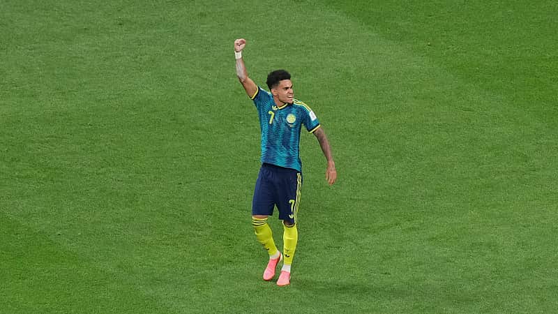 Colombia's Luis Diaz (7) celebrates after scoring his side's second goal during the World Cup Group K soccer match between Uzbekistan and Colombia in Mexico City, Wednesday, June 17, 2026. (AP Photo/Silvia Izquierdo)