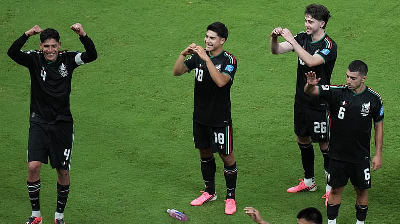 Players from Mexico celebrate after the World Cup Group A soccer match between Mexico and South Korea in Zapopan, near Guadalajara, Mexico, Thursday, June 18, 2026. (AP Photo/Silvia Izquierdo)