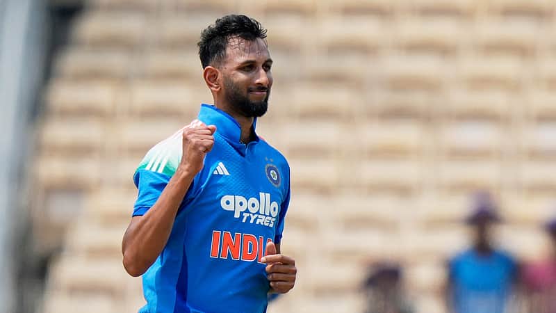 India's Prasidh Krishna celebrates the wicket of Afghanistan's Rahmanullah Gurbaz during the third ODI cricket match between Afghanistan and India in Chennai, India, Saturday, June 20, 2026. (AP Photo/Mahesh Kumar A.)