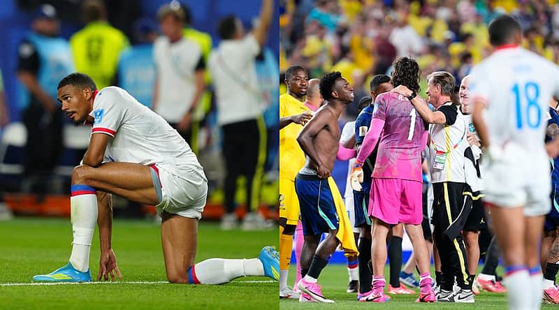 Brazil's Vinicius Junior (7) and Brazil goalkeeper Alisson Becker (1) celebrate with team members after the World Cup Group C soccer match between Brazil and Haiti in Philadelphia, Friday, June 19, 2026. (AP Photo/Petr David Josek)