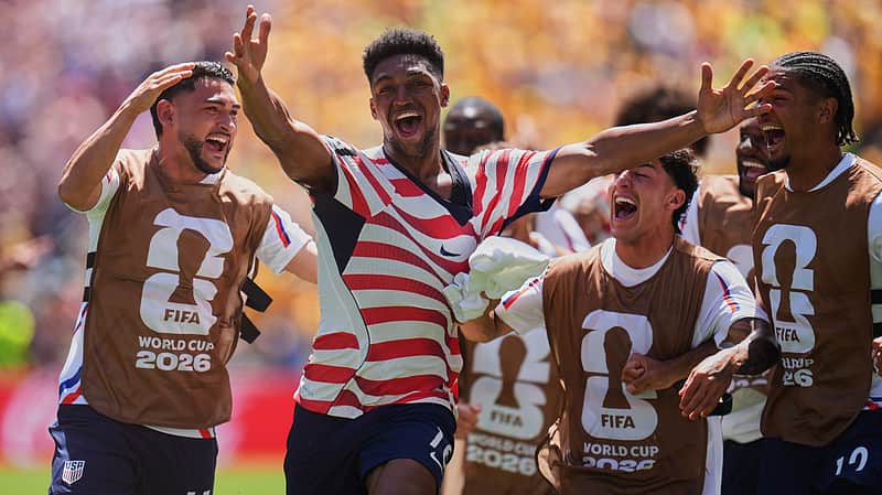 United States' Alex Freeman (16), second left, celebrates after scoring his side's second goal during the World Cup Group D soccer match between the United States and Australia in Seattle, Friday, June 19, 2026. (AP Photo/Manu Fernandez)