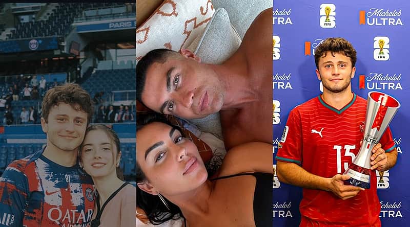 João Neves with his girlfriend, an AI-generated image of Ronaldo, and Neves with the Man of the Match award.