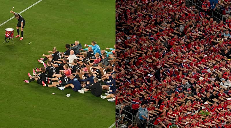 Norway fans perform a rowing ritual during the World Cup Group I soccer match between Norway and Senegal in East Rutherford, N.J., near New York, Monday, June 22, 2026. (AP Photo/Seth Wenig)