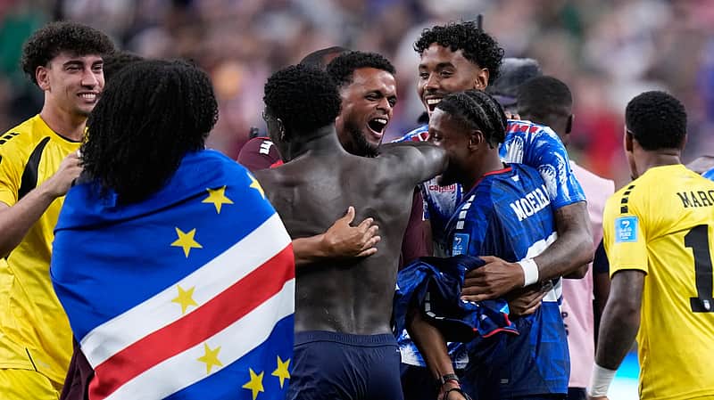 Cape Verde players celebrate after the World Cup Group H soccer match between Cape Verde and Saudi Arabia in Houston, Friday, June 26, 2026. (AP Photo/Ashley Landis)