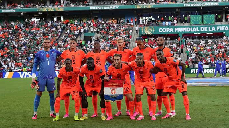 Netherlands starting eleven pose for a team photo before the World Cup round of 32 soccer match between the Netherlands and Morocco in Guadalupe, near Monterrey, Mexico, Monday, June 29, 2026. (AP Photo/Dolores Ochoa)