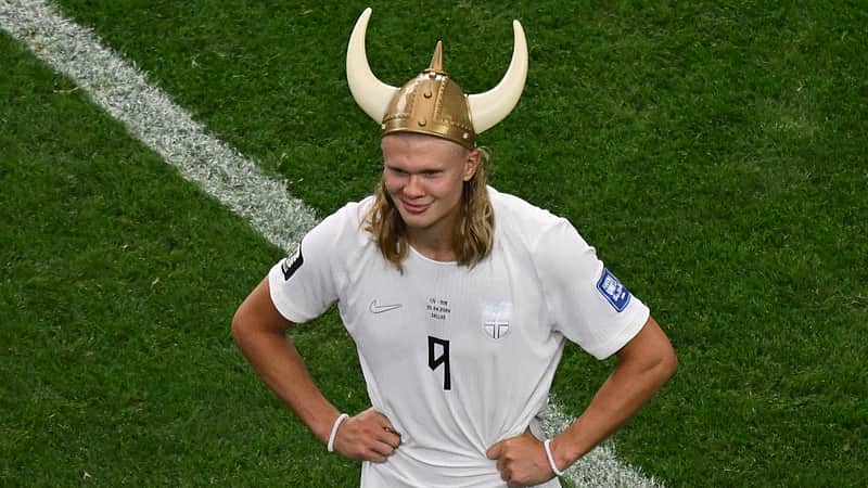 Norway's Erling Haaland (9) poses after the World Cup round of 32 soccer match between Ivory Coast and Norway in Arlington, Texas, near Dallas, Tuesday, June 30, 2026. (AP Photo/Jessica Tobias)