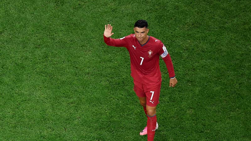 Portugal's Cristiano Ronaldo reacts after Portugal lost a World Cup round of 16 soccer match against Spain in Arlington, Texas, near Dallas, Monday, July 6, 2026. (AP Photo/Sam Hodde)