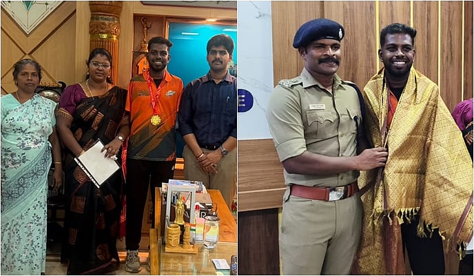 பிளஸ்லிங் சஜுயை பாராட்டும் கன்னியாகுமரி மாவட்ட ஆட்சியர் மு. பிரதாப், மாவட்டக் காவல் கண்காணிப்பாளர் இரா. ஸ்டாலின்.