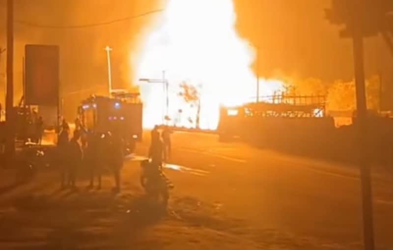 Massive fire caused by gas leak...