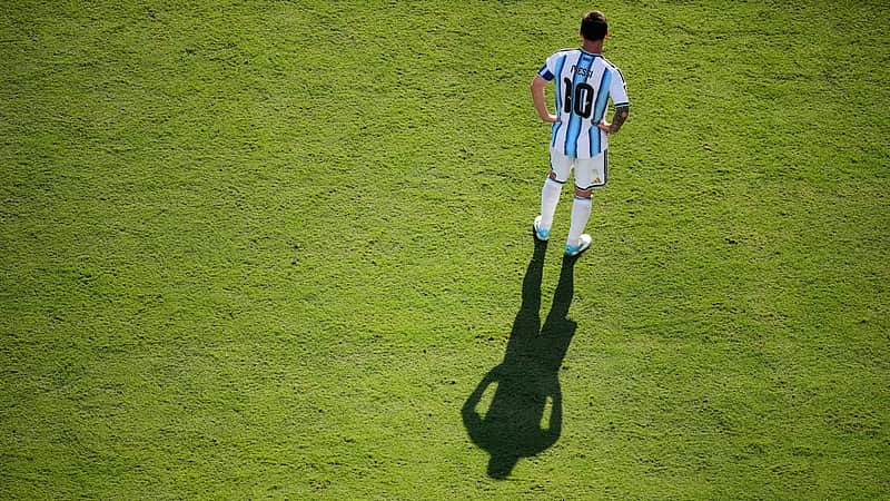 Argentina's Lionel Messi (10) casts a shadow during the World Cup final soccer match between Spain and Argentina in East Rutherford, N.J., near New York, Sunday, July 19, 2026. (AP Photo/Matt Slocum)