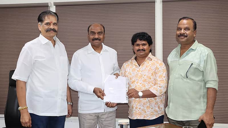 (From left) T Prasanna Kumar, KL Narayana, Subba Reddy, and Veera Shankar during the title handover ceremony, where Subba Reddy voluntarily handed over the title Varanasi to producer KL Narayana