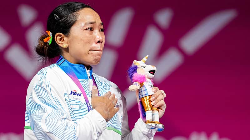 Mirabai Chanu in tears after winning the gold medal.