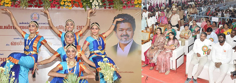 கல்வராயன்மலை கோடை விழாவில் மாணவிகளின் கலை நிகழ்ச்சியை பாா்வையிட்ட அமைச்சா்கள் வன்னி அரசு, ஆா்.வீ.ரஞ்சித்குமாா். உடன் மாவட்ட ஆட்சியா் ஜெ.இ.பத்மஜா உள்ளிட்டோா்.