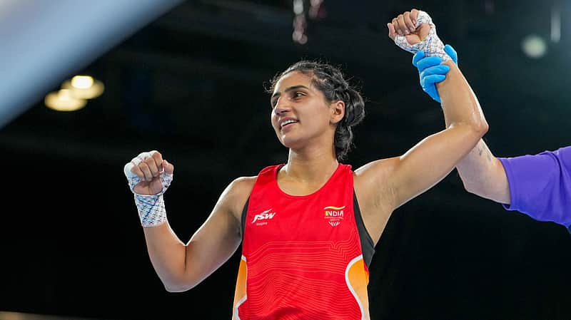 Glasgow: India's Preeti Pawar celebrates after winning a women's 54kg semifinal boxing match against Zambia's Catherine Mwape at the 23rd Commonwealth Games, in Glasgow, Scotland, Friday, July 31, 2026. Preeti sailed into the CWG final by out-punching Mwape in the last-four stage on Friday. (PTI Photo/Ravi Choudhary) (PTI07_31_2026_000239B)