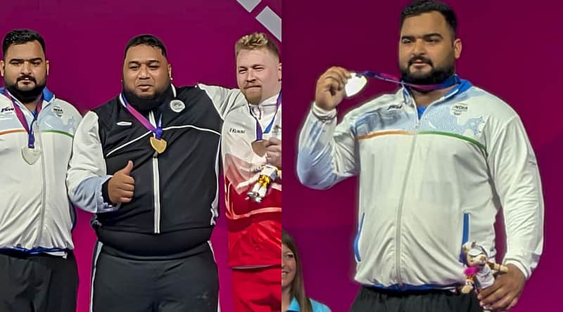 Glasgow: New Zealand's David Andrew Liti, centre, gold medallist, India's Lovepreet Singh, left, silver medallist, and England's Andrew Griffiths, bronze medallist, pose during the medal ceremony for the Men's +110kg weightlifting event at the Commonwealth Games 2026, in Glasgow, Scotland, Thursday, July 30, 2026. Lovepreet finished with a total lift of 388kg to claim the silver medal. (PTI Photo/Aparajita Upadhayay)(PTI07_31_2026_000043B)