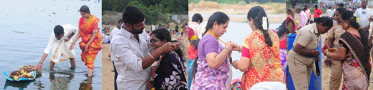 ஆடிப்பெருக்கையொட்டி திங்கள்கிழமை திருச்சி அம்மா மண்டபத்தில் திருமண மாலையை காவிரி ஆற்றில் விடும் புதுமண தம்பதிகள் (வலது ) மாங்கல்யம் பிரித்துக்கட்டும் புதுமண தம்பதிகள், மாங்கல்யம் பிரித்துக்கட்டும் பெண்கள், பொதுமக்களுடன் மாங்கல்யம் பிரித்துக்கட்டும் பெண் போலீஸாா்.