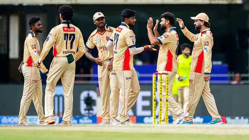 Chepauk Super Gillies players rejoicing after taking a wicket.