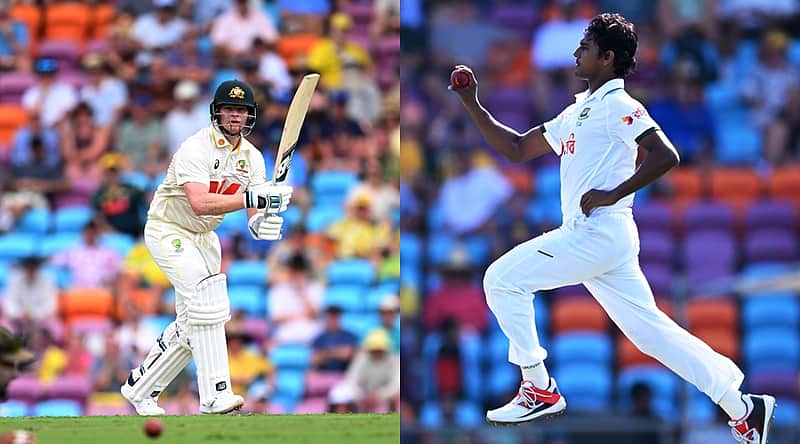 Bangladesh's Hasan Mahmud bowls to Australia during their cricket test match in Darwin, Australia, Thursday, Aug. 13, 2026. (James Ross/AAP Image via AP)
