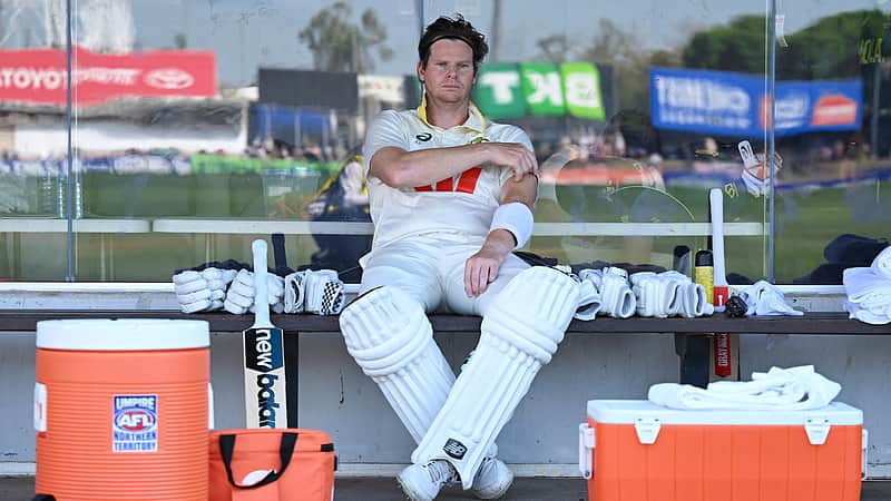 Steve Smith of Australia rests at the tea break during play on day three of the first cricket test in Darwin, Australia, Saturday, Aug.15, 2026, (James Ross/AAPImage via AP)