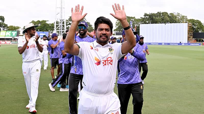 Bangladesh captain Najmul Hossain Shanto waves to the fans after his team's victory on the fourth day of the first cricket Test match between Australia and Bangladesh at Marrara Stadium in Darwin on August 16, 2026. (Photo by William WEST / AFP)