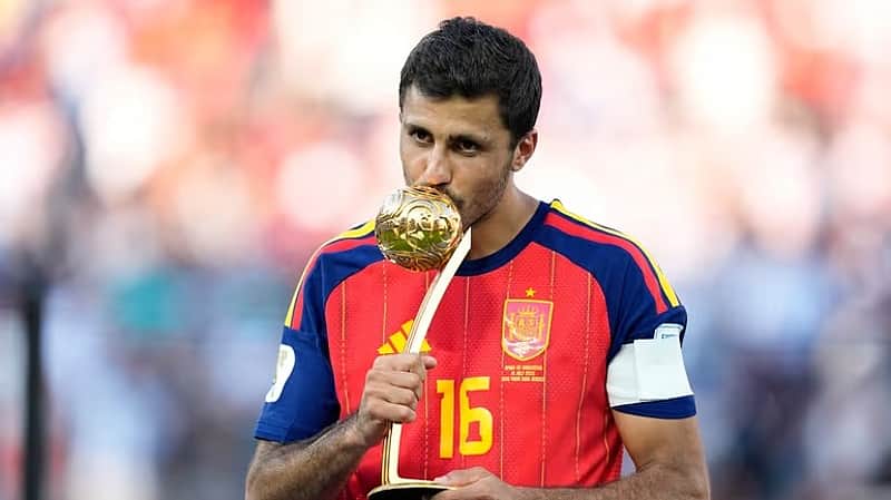 Spain's Rodri poses with the tournament's best player award at the end of the World Cup final soccer match between Spain and Argentina in East Rutherford, N.J., near New York, Sunday, July 19, 2026. (AP Photo/Ashley Landis)