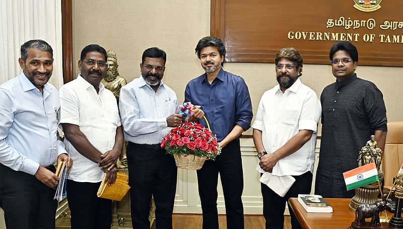 VCK leader Thirumavalavan, Minister Vanni Arasu, and others with Chief Minister Vijay.