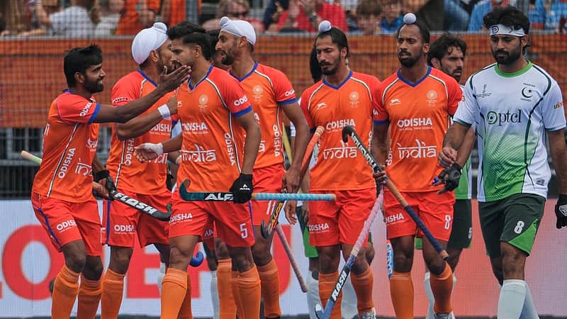 India's players celebrate after scoring during the World Cup Field Hockey pool D match between India and Pakistan in Amstelveen, Netherlands, Wednesday, Aug. 19, 2026. (AP Photo/Patrick Post)