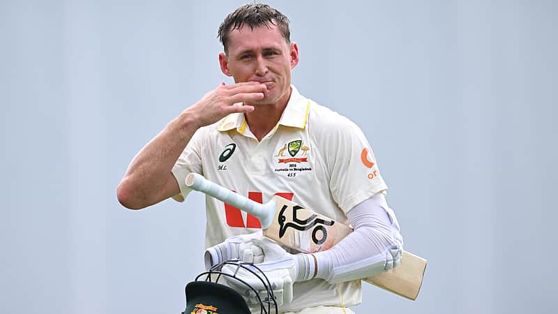 Marnus Labuschagne of Australia walks off after he was dismissed by Bangladesh's Ebadot Hossain their cricket test match in Darwin, Australia, Thursday, Aug. 13, 2026. (James Ross/AAP Image via AP)