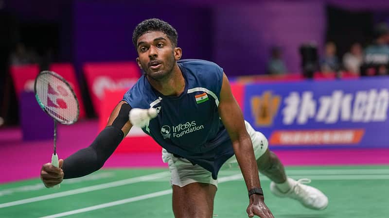 New Delhi: India�s Ayush Shetty competes against Indonesia�s Alwi Farhan, unseen, in the men�s singles badminton match during the BWF World Championships, at IGI Stadium in New Delhi, Thursday, Aug. 20, 2026. (PTI Photo/Karma Bhutia)(PTI08_20_2026_000280A)