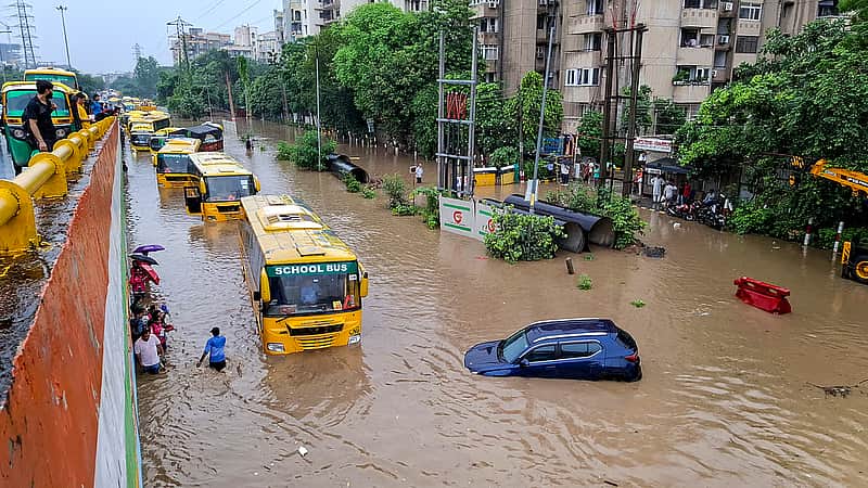 Vehicles stranded in the heavy rain in Gurugram.