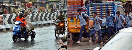 மதுரை கோ.புதூா் பகுதியில் வியாழக்கிழமை மாலை பெய்த மழையில் சென்ற வாகன ஓட்டிகள். (வலது) மழையில் நனைந்தபடி சென்ற பள்ளி மாணவா்கள்.