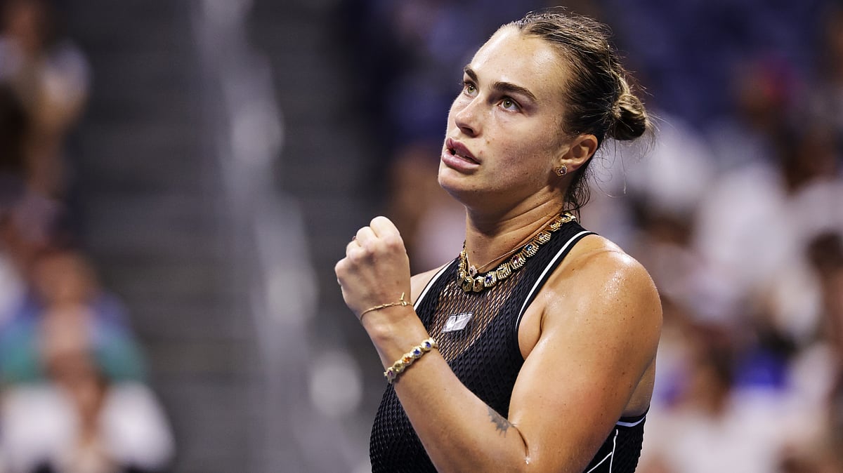 Aryna Sabalenka, of Belarus, reacts during a match against Polina Iatcenko, of Russia, during the second round of the U.S. Open tennis championships, Wednesday, Sept. 2, 2026, in New York. (AP Photo/Adam Hunger)
