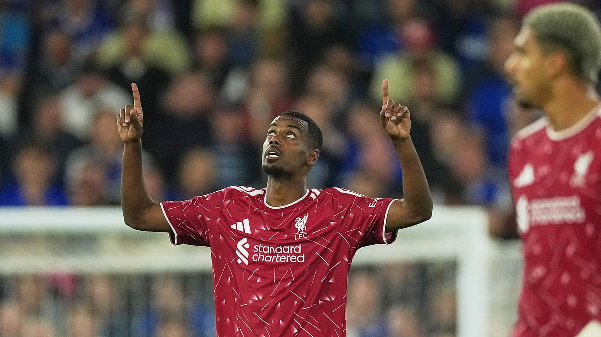 Liverpool's Alexander Isak celebrates after scoring his side's opening goal during the English Premier League soccer match between Ipswich Town and Liverpool in Ipswich, England, Friday, Sept. 4, 2026. (AP Photo/Dave Shopland)