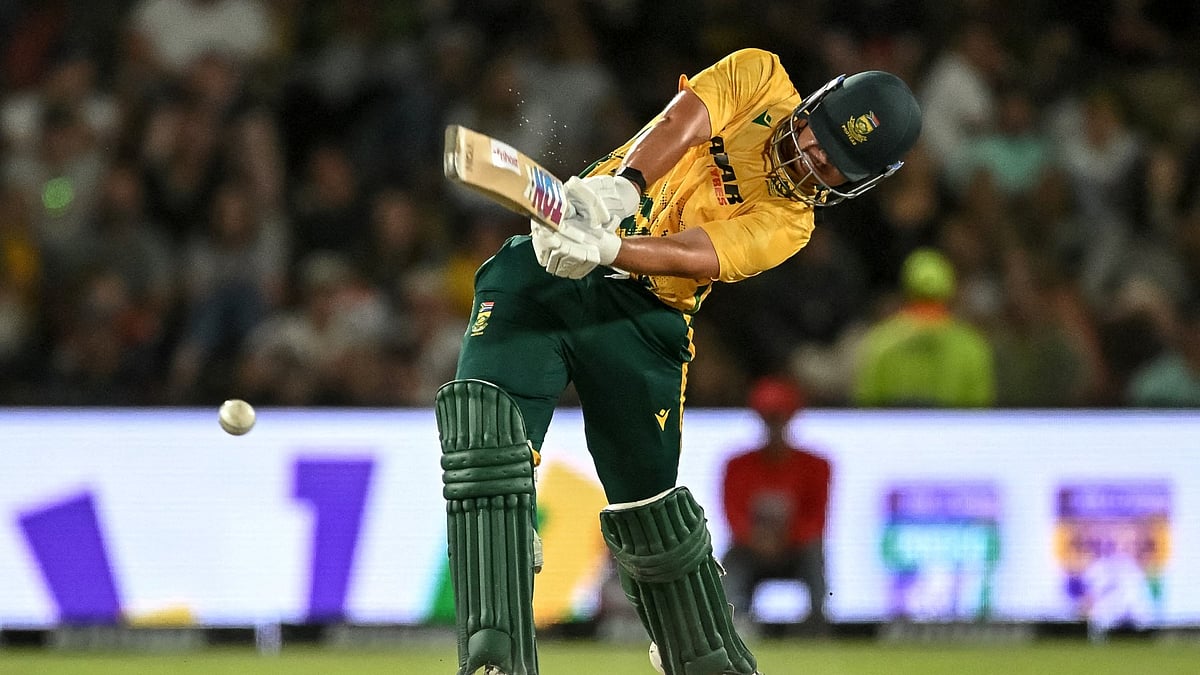 South Africa's Lhuan-dre Pretorius plays a shot during the first Twenty20 international cricket match between South Africa and West Indies at Boland Park in Paarl on January 27, 2026. (Photo by RODGER BOSCH / AFP)