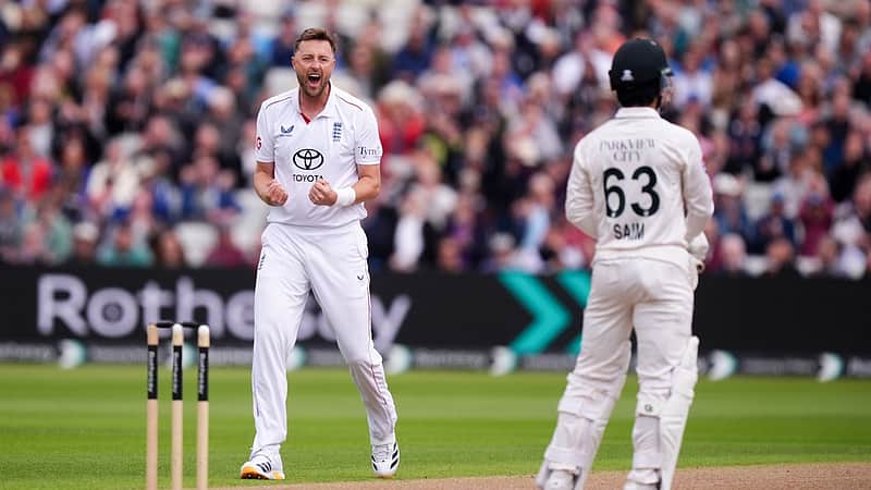 England's Ollie Robinson celebrates, only for the wicket to be overturned on appeal, during day one of the third cricket test match between England and Pakistan, at Edgbaston, in Birmingham, England, Wednesday, Sept. 9, 2026. (Mike Egerton/PA via AP)