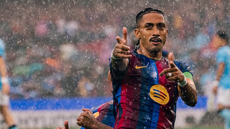 Raphinha overjoyed after scoring a goal.