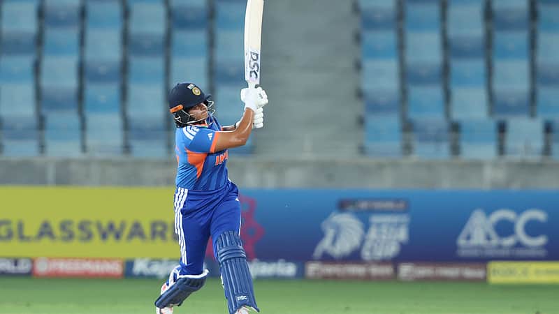 Shafali Verma smashing the ball for a six.