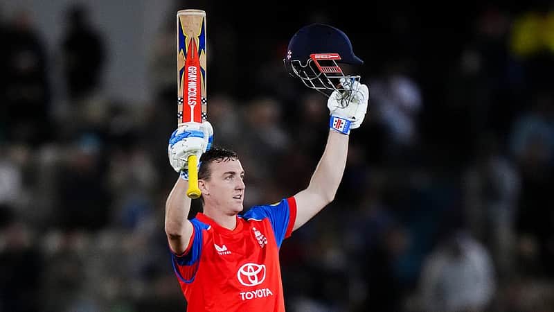 England's Harry Brook celebrates his century during the first IT20 match between England and Sri Lanka in Southampton, England, Tuesday Sept. 15, 2026. (John Walton/PA via AP)