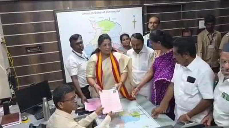 16.09.2026: Tiruppur: TVK candidate P Sathyabama filed her nomination papers in Dharapuram on Wednesday (For Srinivasan's story). / Express.