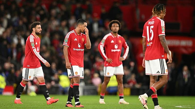 Manchester United's Belgian midfielder #18 Youri Tielemans reacts following the English League Cup third round football match between Manchester United and Brighton and Hove Albion at Old Trafford in Manchester, north west England, on September 16, 2026. (Photo by Oli SCARFF / AFP)