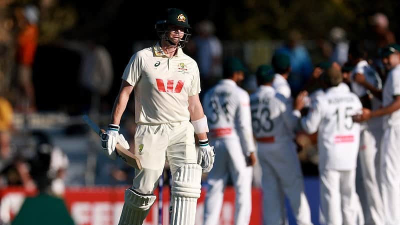 Australia’s Steve Smith reacts as he walks off the ground after being dismissed LBW during the first day of the second cricket Test match between Australia and Bangladesh at the Great Barrier Reef Stadium in Mackay on August 22, 2026. (Photo by DAVID GRAY / AFP)